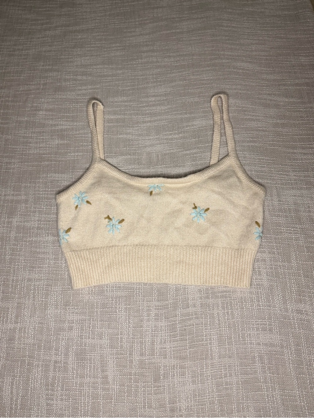Emory Park Cream Floral Embroidered Knit Crop Tank Top M Y2K